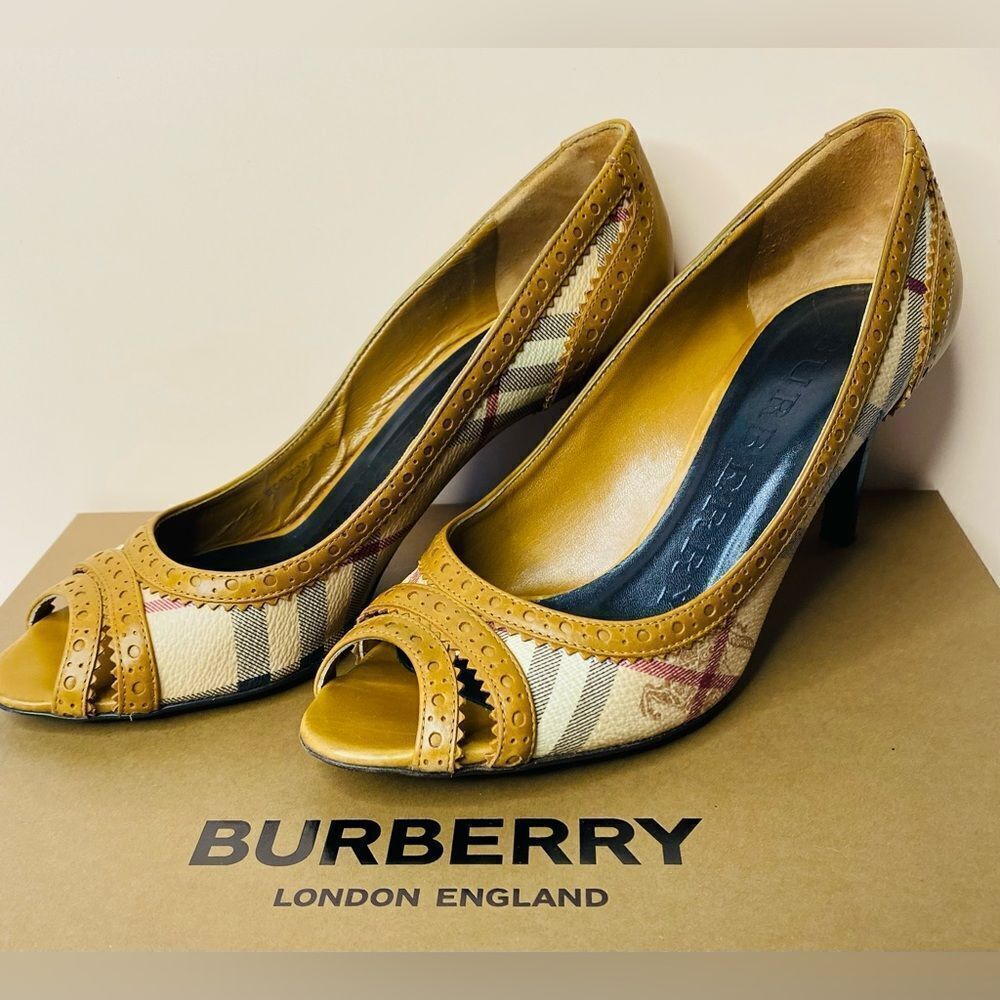 Burberry Tan Peep-Toe Leather Heels with House Check Accents